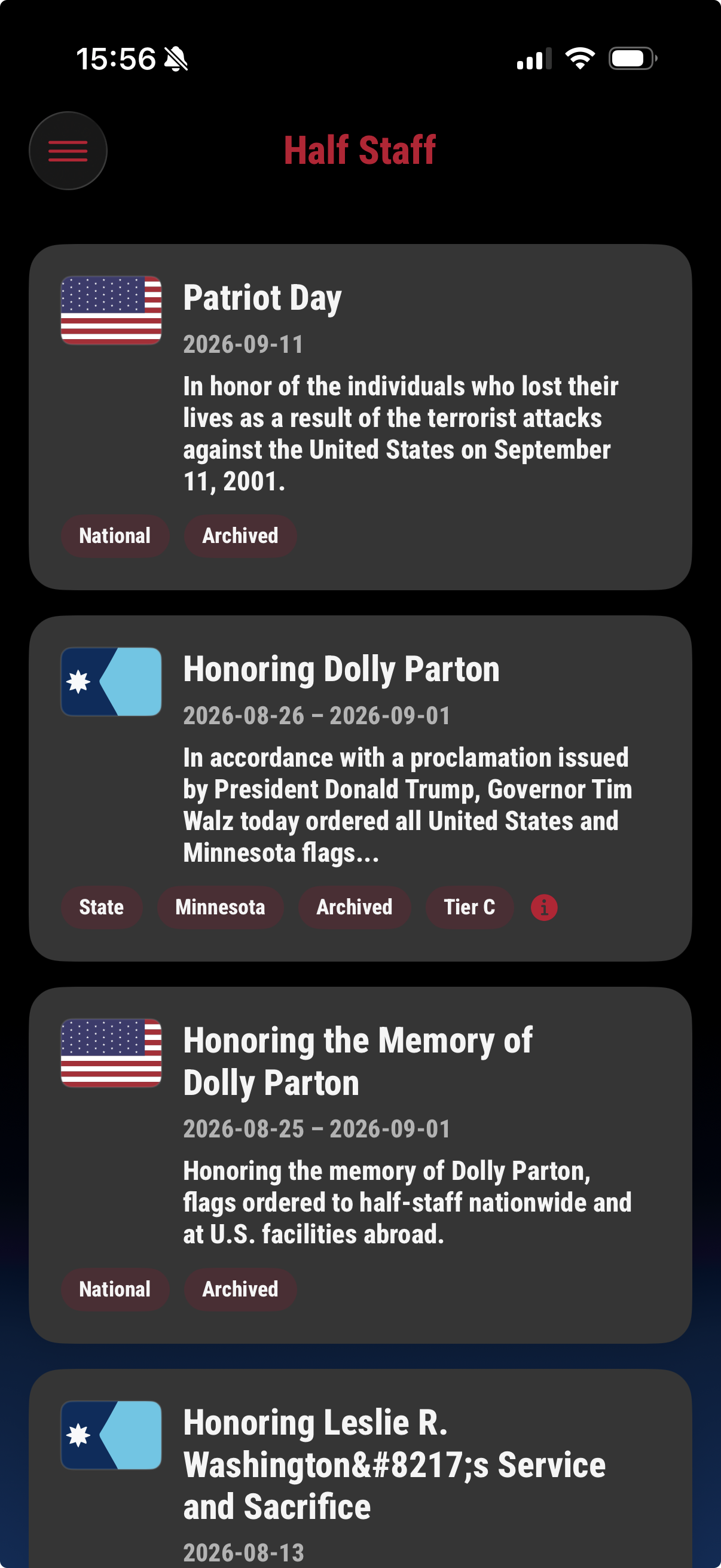 Half Staff App feed showing recent national and state half-staff events